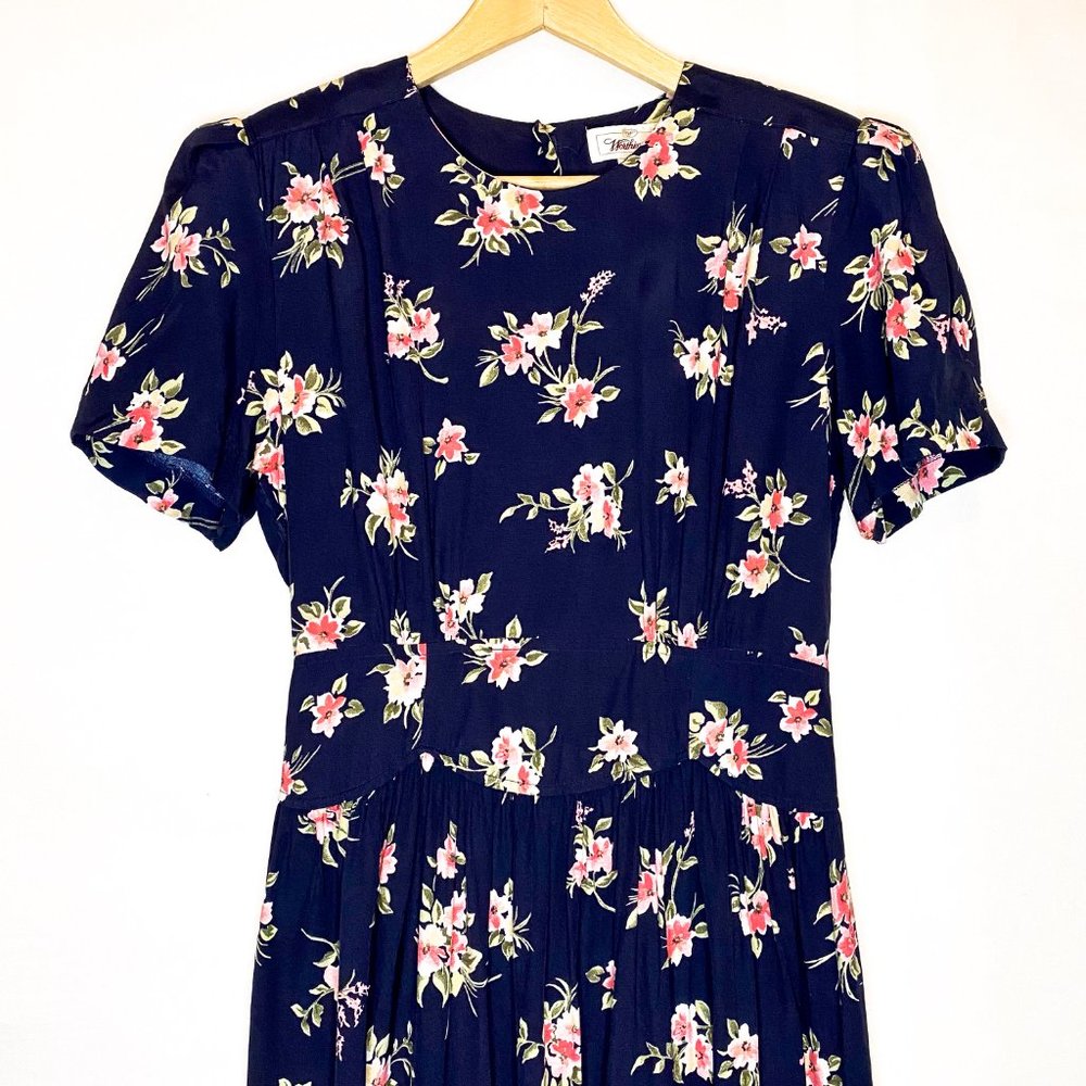 Vintage Smocked Back Navy Floral Dress